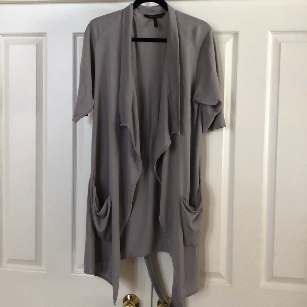 Grey cardigan sweater coat with waist tie
